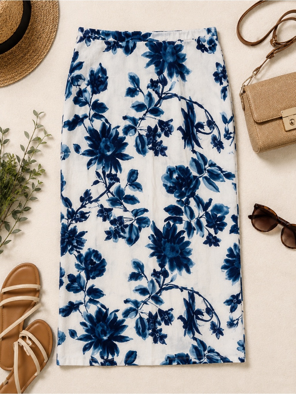 Blue watercolor Floral Midi Skirt - 35 waist